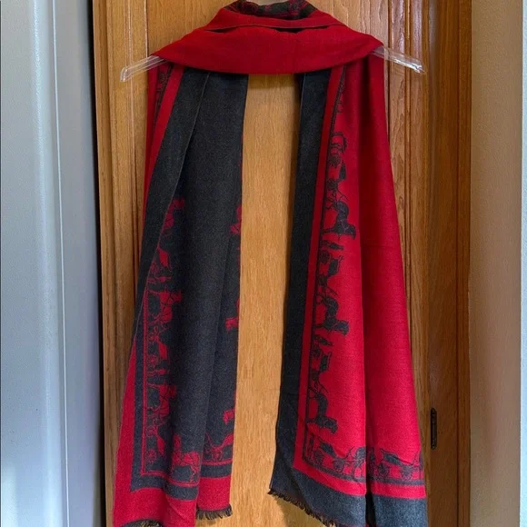 Designer Like Horse Equestrian Red & Gray Cashmere Feel Large Reversible Scarf - Picture 3 of 6